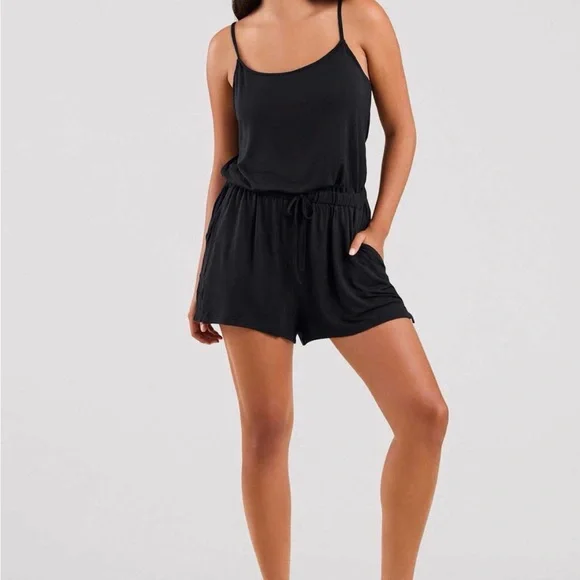 NUUDS | Black Spaghetti Strap Sleep Romper - Picture 1 of 9